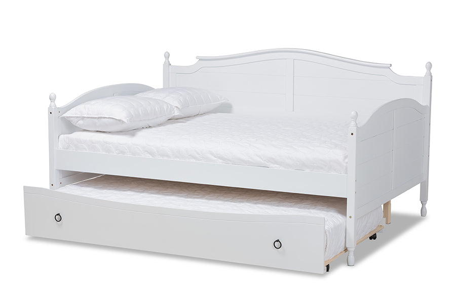 Baxton Studio Mara Cottage Farmhouse White Finished Wood Full Size Daybed with Roll-out Trundle Bed | Daybeds | Modishstore - 7