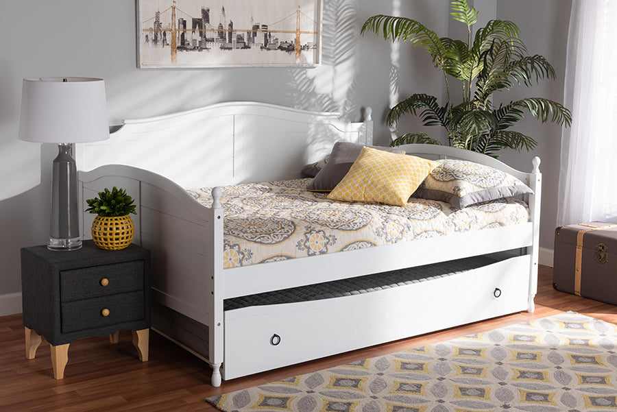 Baxton Studio Mara Cottage Farmhouse White Finished Wood Full Size Daybed with Roll-out Trundle Bed | Daybeds | Modishstore - 3