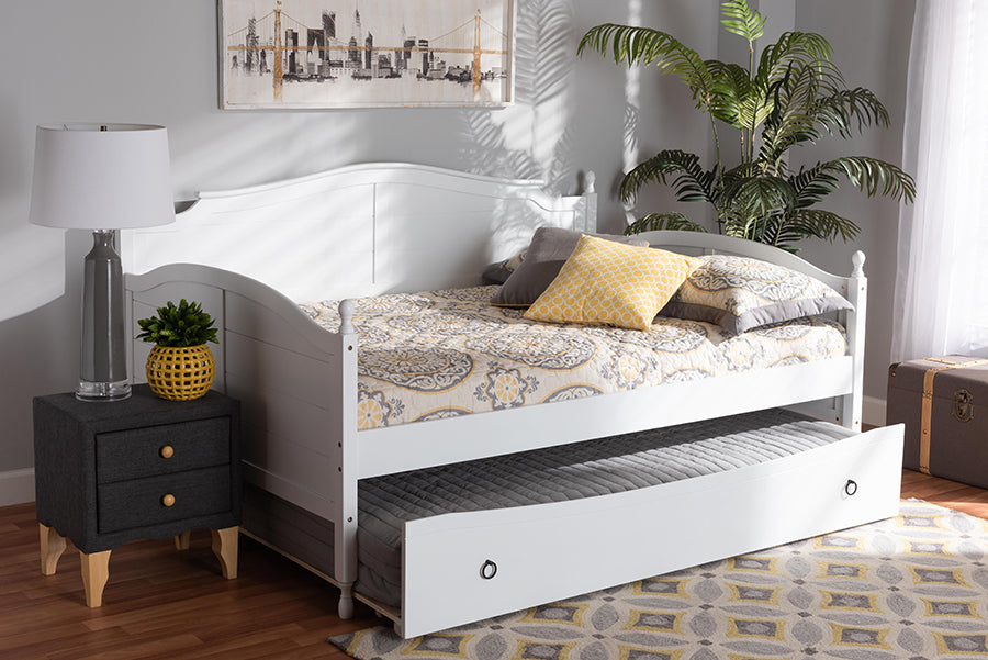 Baxton Studio Mara Cottage Farmhouse White Finished Wood Full Size Daybed with Roll-out Trundle Bed | Daybeds | Modishstore - 2