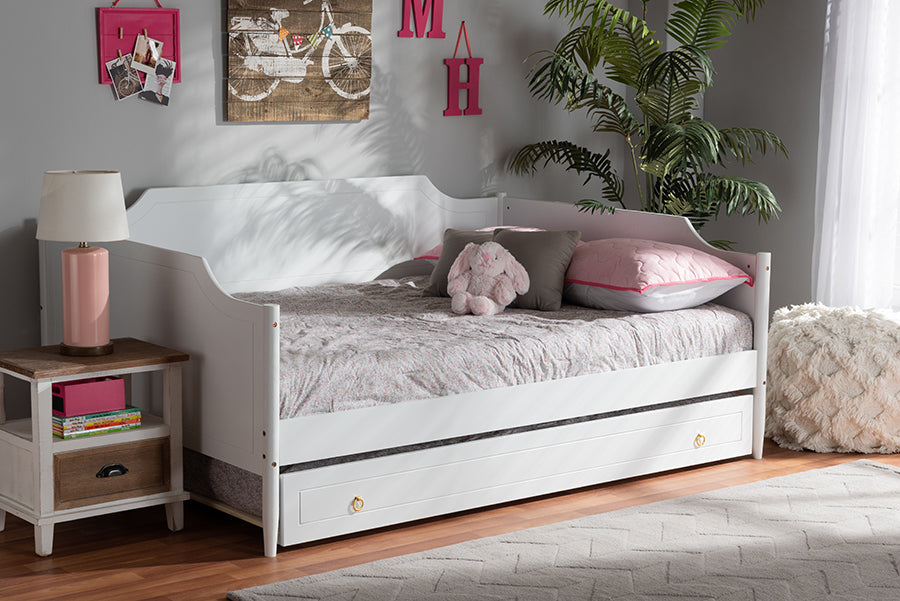 Baxton Studio Alya Classic Traditional Farmhouse White Finished Wood Full Size Daybed with Roll-Out Trundle Bed | Modishstore | Beds