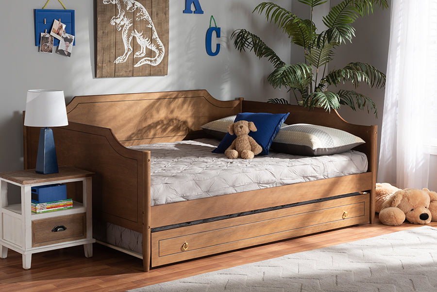 Baxton Studio Alya Classic Traditional Farmhouse Walnut Brown Finished Wood Full Size Daybed with Roll-Out Trundle Bed | Modishstore | Beds