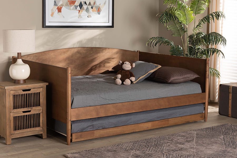 baxton studio veles mid century modern ash walnut finished wood full size daybed with trundle | Modish Furniture Store-2