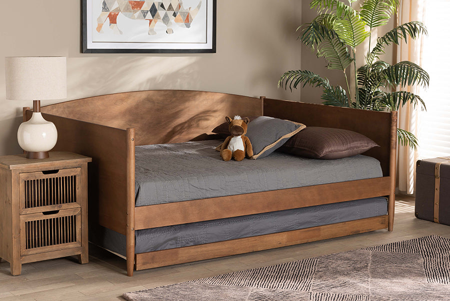 Baxton Studio Veles Mid-Century Modern Ash Walnut Finished Wood Full Size Daybed with Trundle | Modishstore | Beds