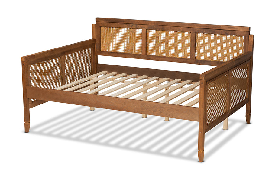 Baxton Studio Toveli Vintage French Inspired Ash Walnut Finished Wood and Synthetic Rattan Full Size Daybed | Daybeds | Modishstore - 7