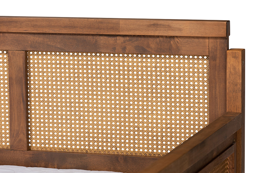 Baxton Studio Toveli Vintage French Inspired Ash Walnut Finished Wood and Synthetic Rattan Full Size Daybed | Daybeds | Modishstore - 5