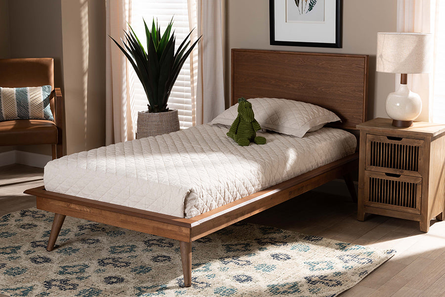 Baxton Studio Karine Mid-Century Modern Walnut Brown Finished Wood Twin Size Platform Bed | Modishstore | Beds