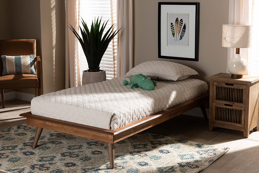 baxton studio karine mid century modern walnut brown finished wood twin size platform bed frame | Modish Furniture Store-2