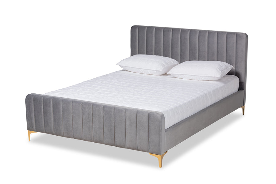 baxton studio nami modern contemporary glam and luxe light grey velvet fabric upholstered and gold finished full size platform bed | Modish Furniture Store-2