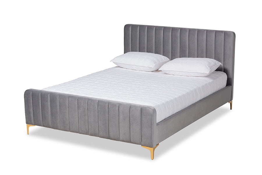 baxton studio nami modern contemporary glam and luxe light grey velvet fabric upholstered and gold finished king size platform bed | Modish Furniture Store-2