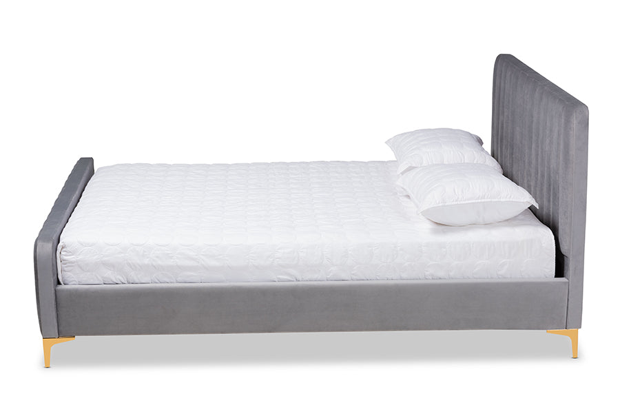 baxton studio nami modern contemporary glam and luxe light grey velvet fabric upholstered and gold finished king size platform bed | Modish Furniture Store-3