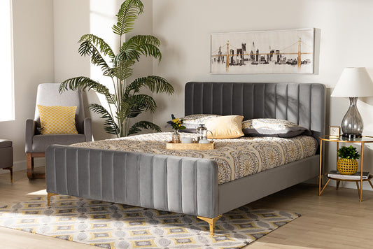 Baxton Studio Nami Modern Contemporary Glam and Luxe Light Grey Velvet Fabric Upholstered and Gold Finished King Size Platform Bed | Modishstore | Beds