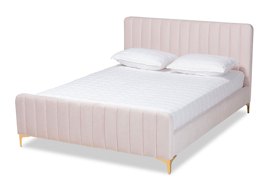baxton studio nami modern contemporary glam and luxe light pink velvet fabric upholstered and gold finished king size platform bed | Modish Furniture Store-2