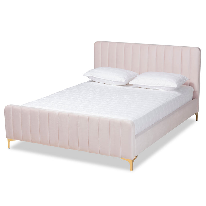 Baxton Studio Nami Modern Contemporary Glam and Luxe Light Pink Velvet Fabric Upholstered and Gold Finished Full Size Platform Bed | Beds | Modishstore
