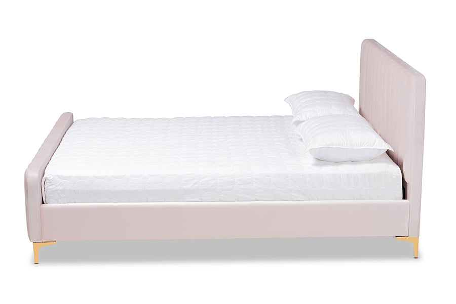 baxton studio nami modern contemporary glam and luxe light pink velvet fabric upholstered and gold finished king size platform bed | Modish Furniture Store-3