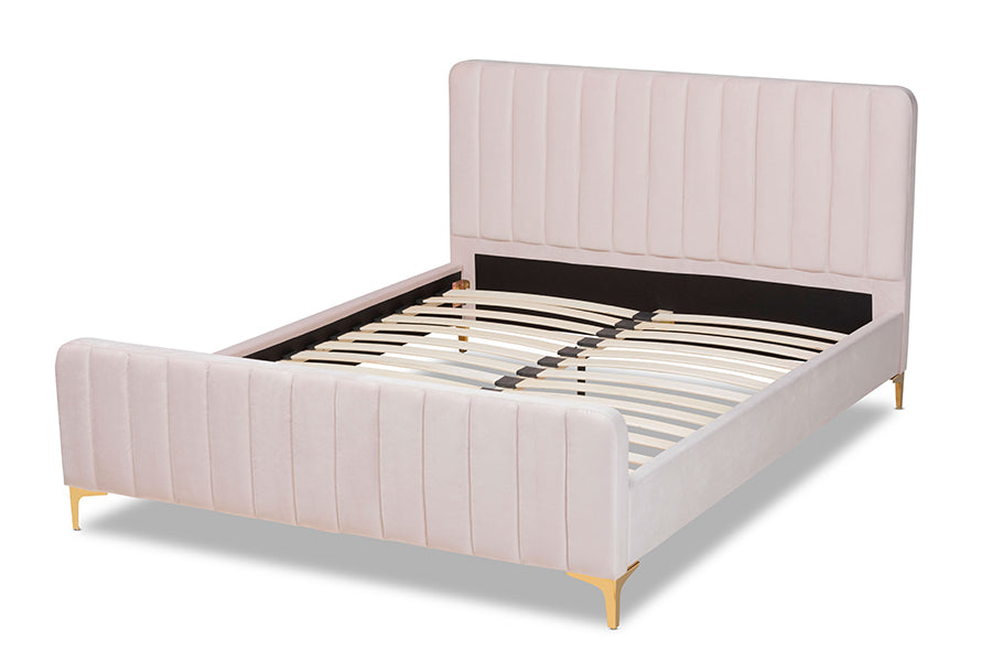 Baxton Studio Nami Modern Contemporary Glam and Luxe Light Pink Velvet Fabric Upholstered and Gold Finished Full Size Platform Bed | Beds | Modishstore - 6