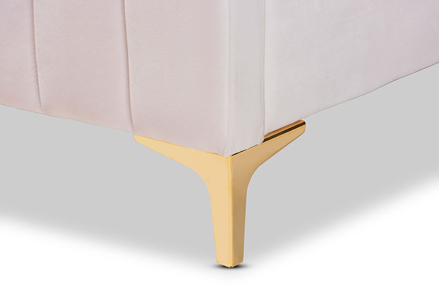 Baxton Studio Nami Modern Contemporary Glam and Luxe Light Pink Velvet Fabric Upholstered and Gold Finished Full Size Platform Bed | Beds | Modishstore - 4