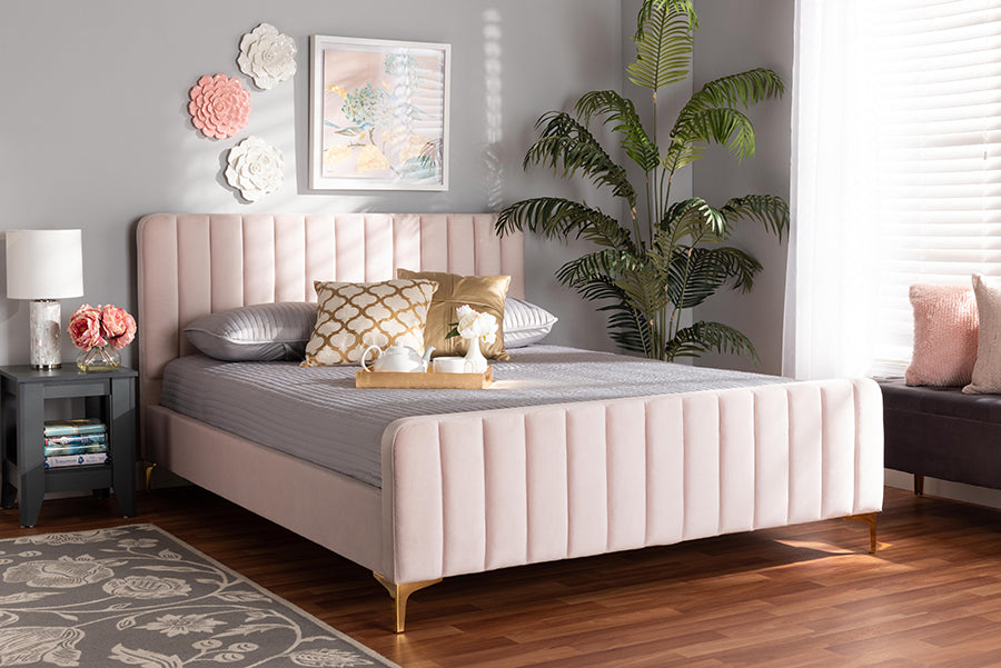 Baxton Studio Nami Modern Contemporary Glam and Luxe Light Pink Velvet Fabric Upholstered and Gold Finished Full Size Platform Bed | Beds | Modishstore - 2