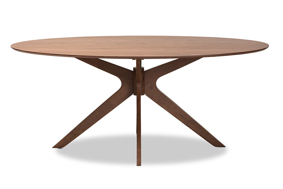baxton studio monte mid century modern walnut brown finished wood 71 inch oval dining table | Modish Furniture Store-3
