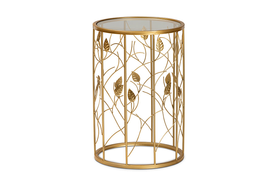baxton studio anaya modern and contemporary glam brushed gold finished metal and glass leaf accent end table | Modish Furniture Store-2