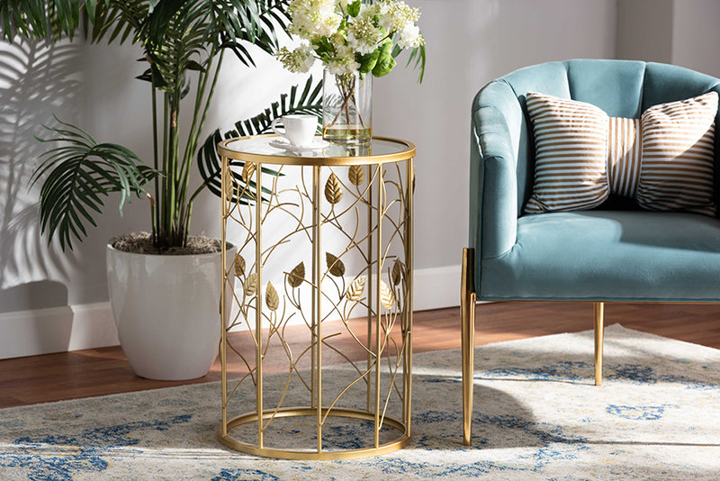 Baxton Studio Anaya Modern and Contemporary Glam Brushed Gold Finished Metal and Glass Leaf Accent End Table | Modishstore | End Tables