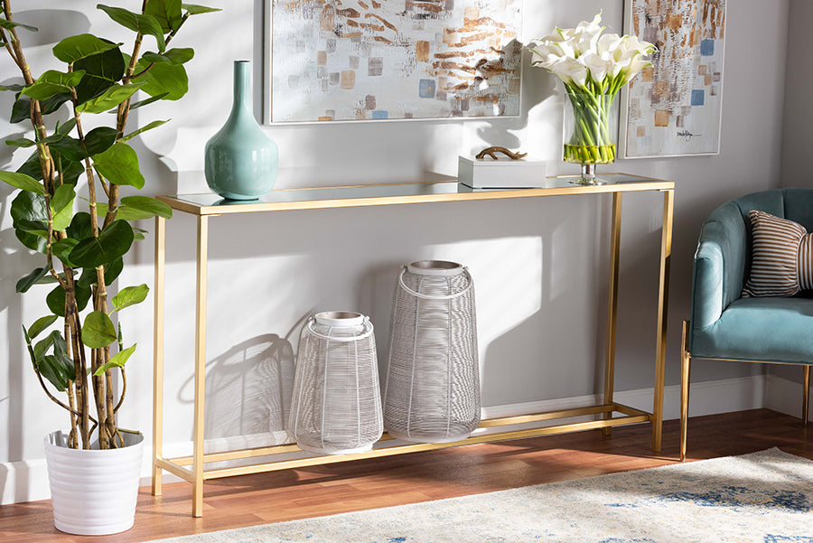 Baxton Studio Alessa Modern and Contemporary Glam Gold Finished Metal and Mirrored Glass Console Table | Modishstore | Console Tables