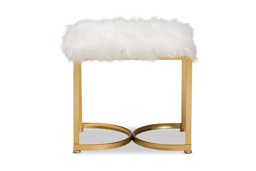 Baxton Studio Gwyn Glam and Luxe White Faux Fur Upholstered and Gold Finished Metal Ottoman | Ottomans | Modishstore - 6