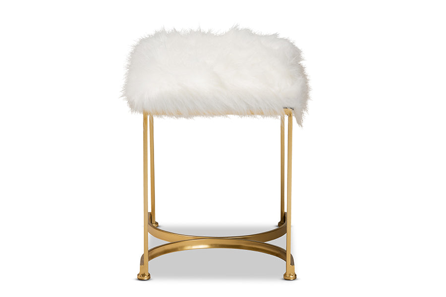 Baxton Studio Gwyn Glam and Luxe White Faux Fur Upholstered and Gold Finished Metal Ottoman | Ottomans | Modishstore - 5