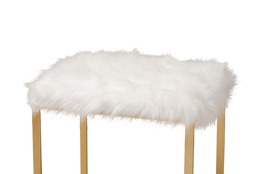 Baxton Studio Gwyn Glam and Luxe White Faux Fur Upholstered and Gold Finished Metal Ottoman | Ottomans | Modishstore - 4