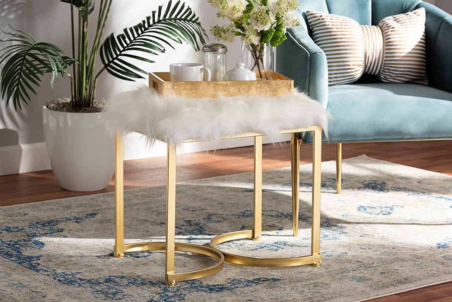 Baxton Studio Gwyn Glam and Luxe White Faux Fur Upholstered and Gold Finished Metal Ottoman | Ottomans | Modishstore - 2
