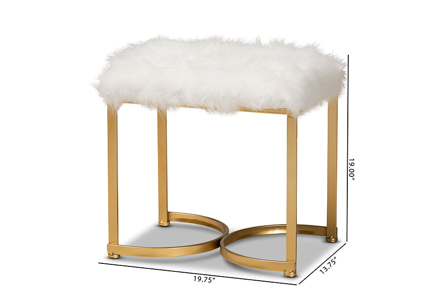 Baxton Studio Gwyn Glam and Luxe White Faux Fur Upholstered and Gold Finished Metal Ottoman | Ottomans | Modishstore - 7