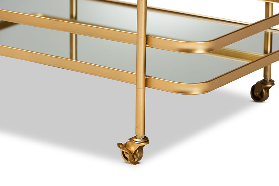 Baxton Studio Destin Modern and Contemporary Glam Brushed Gold Finished Metal and Mirrored Glass 2-Tier Mobile Wine Bar Cart | Bar Carts | Modishstore - 3