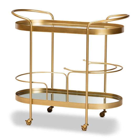 Baxton Studio Kamal Modern and Contemporary Glam Brushed Gold Finished Metal and Mirrored Glass 2-Tier Mobile Wine Bar Cart | Bar Carts | Modishstore