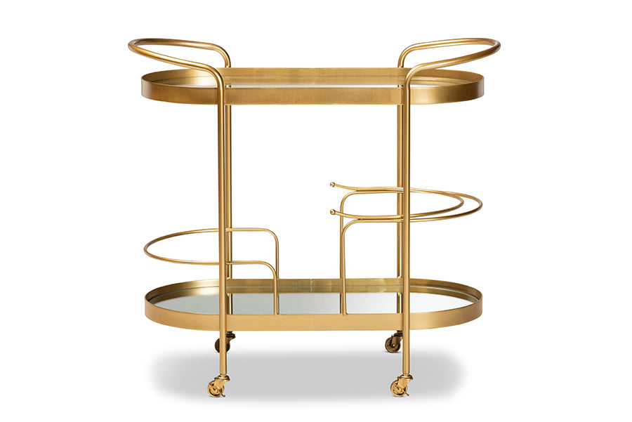 Baxton Studio Kamal Modern and Contemporary Glam Brushed Gold Finished Metal and Mirrored Glass 2-Tier Mobile Wine Bar Cart | Bar Carts | Modishstore - 6