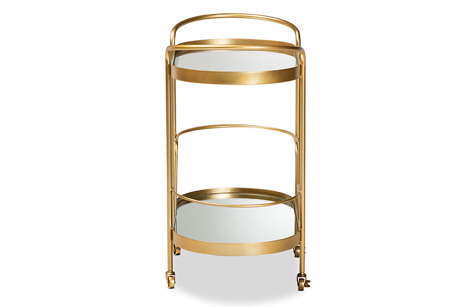 Baxton Studio Kamal Modern and Contemporary Glam Brushed Gold Finished Metal and Mirrored Glass 2-Tier Mobile Wine Bar Cart | Bar Carts | Modishstore - 5
