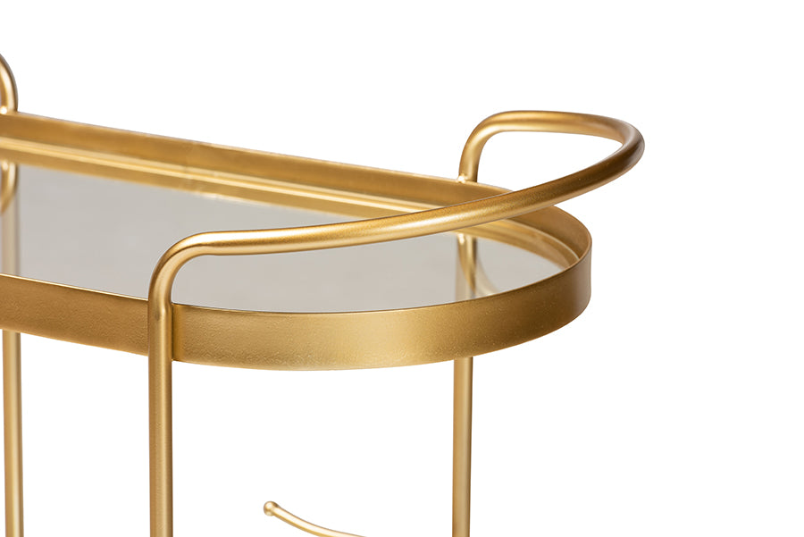 Baxton Studio Kamal Modern and Contemporary Glam Brushed Gold Finished Metal and Mirrored Glass 2-Tier Mobile Wine Bar Cart | Bar Carts | Modishstore - 4