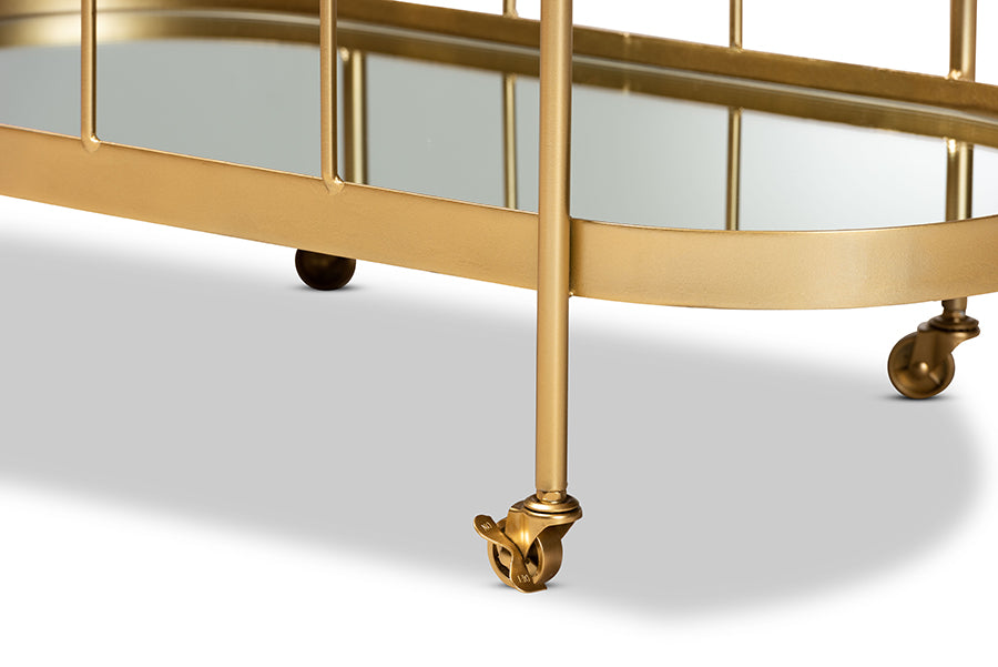 Baxton Studio Kamal Modern and Contemporary Glam Brushed Gold Finished Metal and Mirrored Glass 2-Tier Mobile Wine Bar Cart | Bar Carts | Modishstore - 3