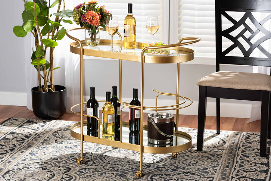 Baxton Studio Kamal Modern and Contemporary Glam Brushed Gold Finished Metal and Mirrored Glass 2-Tier Mobile Wine Bar Cart | Bar Carts | Modishstore - 2