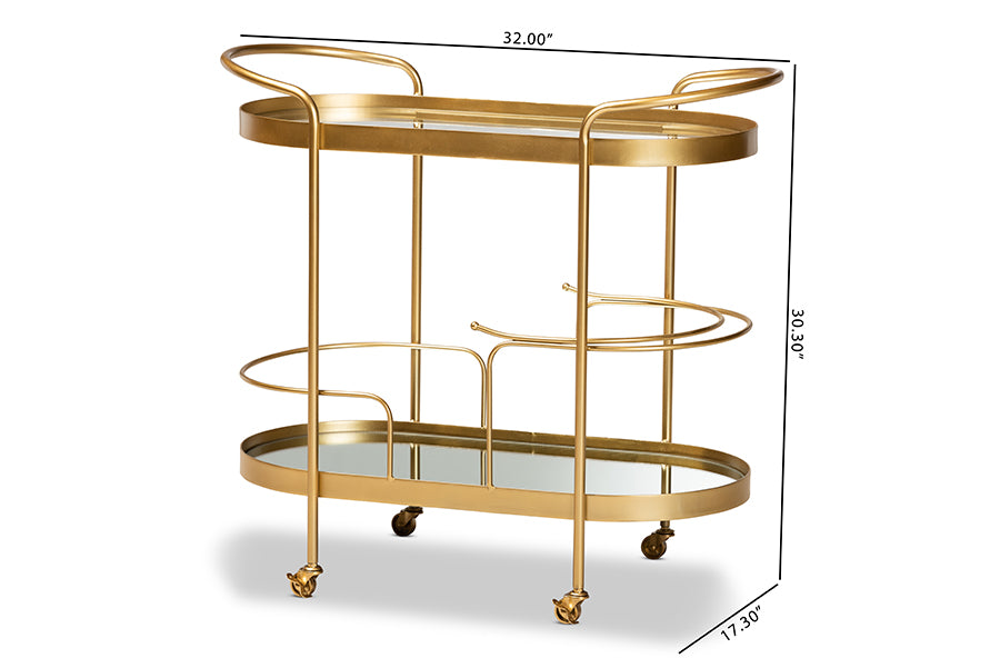 Baxton Studio Kamal Modern and Contemporary Glam Brushed Gold Finished Metal and Mirrored Glass 2-Tier Mobile Wine Bar Cart | Bar Carts | Modishstore - 7