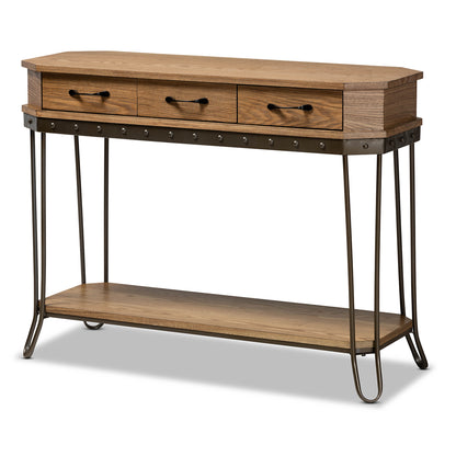 Baxton Studio Kellyn Vintage Rustic Industrial Oak Brown Finished Wood and Black Finished Metal 3-Drawer Console Table  | Console Tables | Modishstore