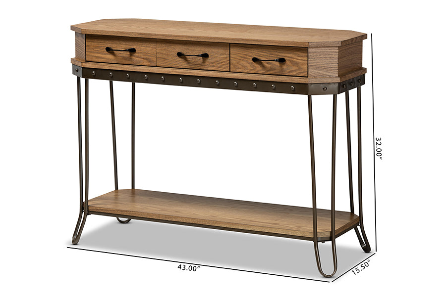 Baxton Studio Kellyn Vintage Rustic Industrial Oak Brown Finished Wood and Black Finished Metal 3-Drawer Console Table  | Console Tables | Modishstore - 8