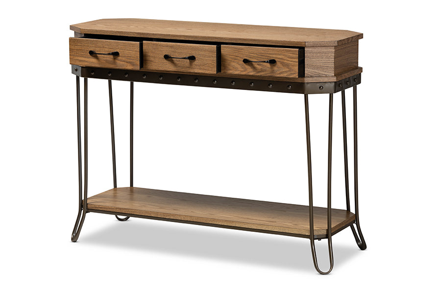 Baxton Studio Kellyn Vintage Rustic Industrial Oak Brown Finished Wood and Black Finished Metal 3-Drawer Console Table  | Console Tables | Modishstore - 7