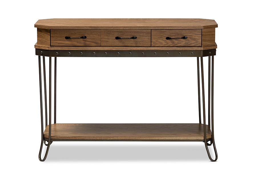 Baxton Studio Kellyn Vintage Rustic Industrial Oak Brown Finished Wood and Black Finished Metal 3-Drawer Console Table  | Console Tables | Modishstore - 6