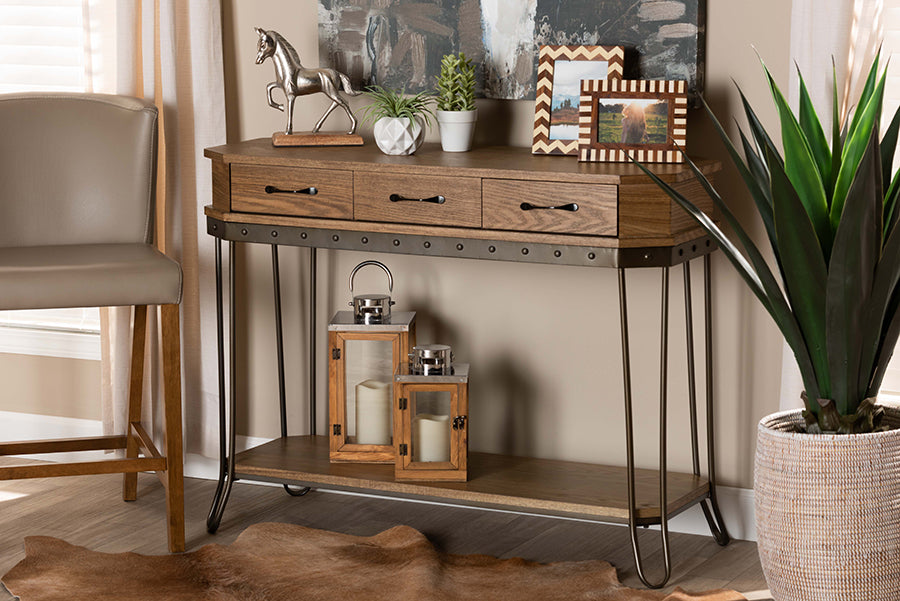 Baxton Studio Kellyn Vintage Rustic Industrial Oak Brown Finished Wood and Black Finished Metal 3-Drawer Console Table  | Console Tables | Modishstore - 2