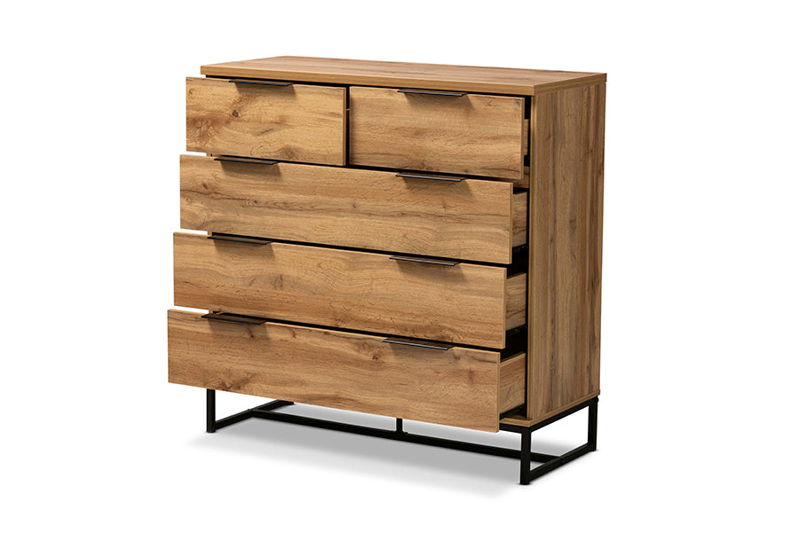 baxton studio franklin modern and contemporary oak finished wood and black finished metal 5 drawer bedroom chest | Modish Furniture Store-3