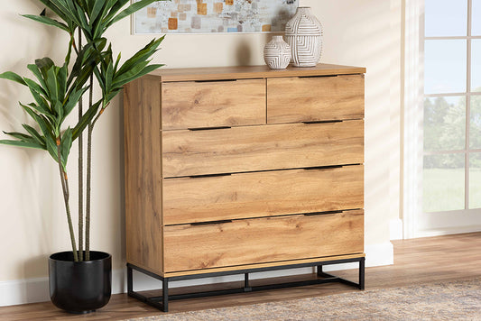 Baxton Studio Franklin Modern and Contemporary Oak Finished Wood and Black Finished Metal 5-Drawer Bedroom Chest | Modishstore | Drawers