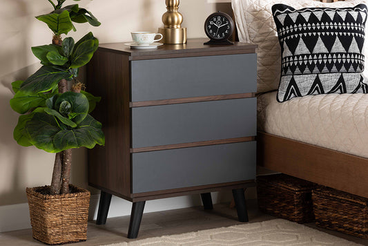 Baxton Studio Roldan Modern and Contemporary Two-Tone Walnut and Grey Finished Wood 3-Drawer Bedroom Chest | Modishstore | Drawers