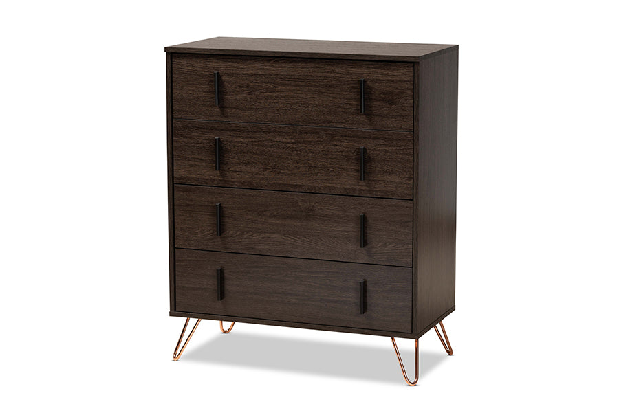 baxton studio baldor modern and contemporary dark brown finished wood and rose gold finished metal 4 drawer bedroom chest | Modish Furniture Store-2