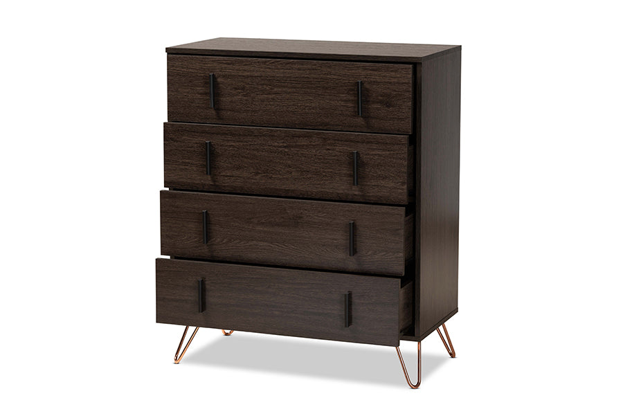 baxton studio baldor modern and contemporary dark brown finished wood and rose gold finished metal 4 drawer bedroom chest | Modish Furniture Store-3