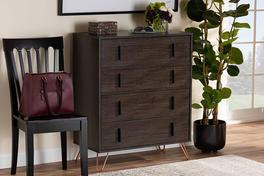 Baxton Studio Baldor Modern and Contemporary Dark Brown Finished Wood and Rose Gold Finished Metal 4-Drawer Bedroom Chest | Modishstore | Drawers