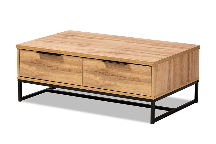 baxton studio franklin modern and contemporary oak brown finished wood and black finished metal 2 drawer coffee table | Modish Furniture Store-2